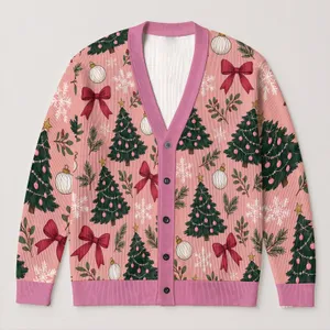 Pink Christmas Trees Snowflakes and Bows for Cozy Holiday Gatherings and Festive Parties All-over Print Knitted Cardigan