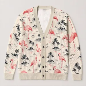 Pink Flamingos And Palm Tree Islands For Sunny Beach Getaways And Resort Days Away All-over Print Knitted Cardigan