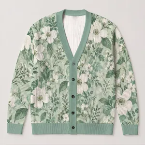 Mint Green Botanical Blooms for Relaxed Spring Layering and Everyday Weekend Style All-over Print Knitted Cardigan