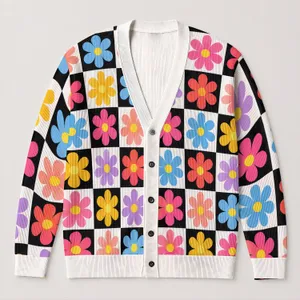 Colorful Daisy Checkerboard Style for Cheerful Everyday Layering and Weekend Travel Wear All-over Print Knitted Cardigan