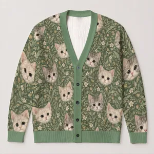 Cream Kitten Faces With Sage Green Texture for Cozy Everyday Layering, Cat Lovers All-over Print Knitted Cardigan