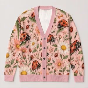 Ladybug Daisy Garden Motifs for Relaxed Everyday Layering, Women’s Whimsical Style All-over Print Knitted Cardigan