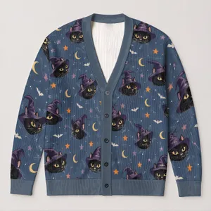 Black Cats and Purple Witch Hats for Cozy Autumn Layering and Everyday Women's Style All-over Print Knitted Cardigan