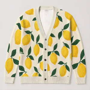 Lemon Motif Casual Layering Style for Autumn Outings and Everyday Women’s Wardrobe All-over Print Knitted Cardigan