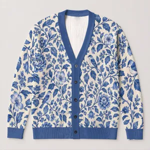 Blue Botanical Birds and Florals for Relaxed Everyday Layering, Garden-Loving Women All-over Print Knitted Cardigan