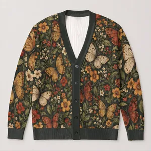 Vintage Butterfly Floral Motifs for Autumn Layering, Cottagecore Outings, and Gift Giving All-over Print Knitted Cardigan