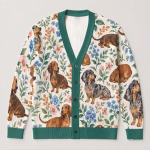 Dachshund Floral Canine Motif for Relaxed Everyday Layering and Dog Lover Style Charm All-over Print Knitted Cardigan