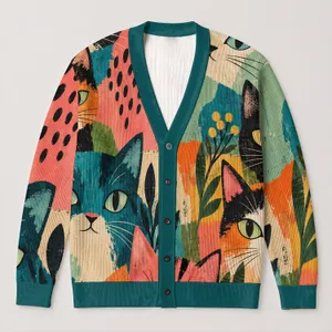 Colorful Cat Faces With Teal Coral Patchwork For Playful Everyday Layering Looks All-over Print Knitted Cardigan