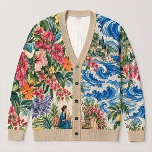 Colorful Floral Birds and Seated Couple Scene for Casual Spring Layering Women's Style All-over Print Knitted Cardigan