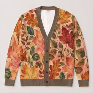 Autumn Maple Leaves and Acorns for Cozy Everyday Layering Women's Fall Wardrobe Style All-over Print Knitted Cardigan