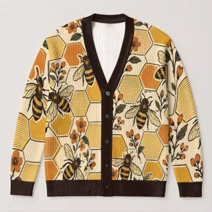 Vintage Honey Bee Honeycomb Motif for Relaxed Everyday Layering, Women's Casual Style All-over Print Knitted Cardigan