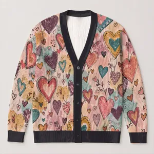 Multicolor Folk Hearts for Playful Everyday Layering, Women’s Boho Weekend Style All-over Print Knitted Cardigan