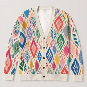 Colorful Openwork Mosaic Layers for Beach Holidays, Resort Days, and Casual Bohemian Style All-over Print Knitted Cardigan