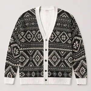 Monochrome Geometric Diamond Motifs for Casual Layering, Men's Vintage Everyday Style All-over Print Knitted Cardigan