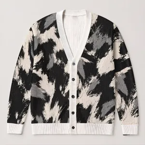 Monochrome Abstract Brushstrokes for Casual Layering and Everyday Streetwear Style Looks All-over Print Knitted Cardigan