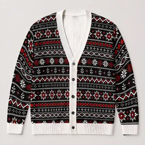Black Red Nordic Geometric Motifs for Holiday Layering and Casual Men's Everyday Style All-over Print Knitted Cardigan