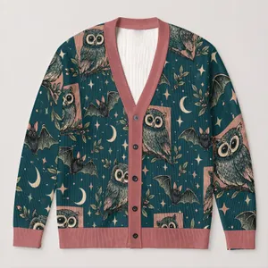 Goggle-Eyed Owls, Bats And Stars For Casual Layering And Cozy Dark Academia Style All-over Print Knitted Cardigan