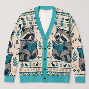 Raccoon Book Lover Geometric Nordic Style for Cozy Library Days and Casual Layering All-over Print Knitted Cardigan