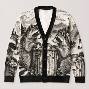 Moonlit Raccoon Duo Beneath Celestial Clouds for Relaxed Everyday Layering Style Wear All-over Print Knitted Cardigan