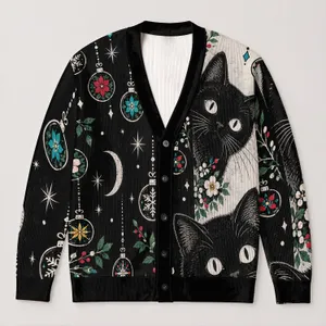 Black Cat Christmas Ornaments for Festive Winter Layering and Casual Everyday Style All-over Print Knitted Cardigan