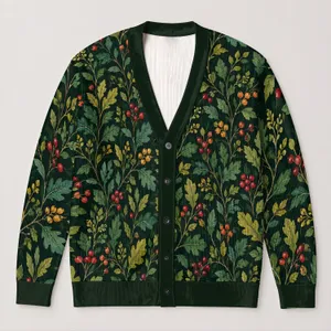 Berry Leaf Botanicals for Cozy Fall Layering and Outdoor Gatherings, Plus Size Women All-over Print Knitted Cardigan