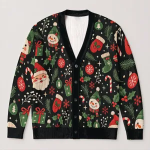 Cute Christmas Santa Faces And Holly For Cozy Holiday Gatherings, Women’s Festive Style All-over Print Knitted Cardigan