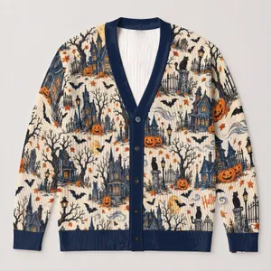Halloween Haunted House Pumpkins and Bats for Festive Autumn Outings and Casual Layering All-over Print Knitted Cardigan