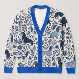 Blue Dachshund Florals for Casual City Days, Everyday Layering, and Weekend Wear All-over Print Knitted Cardigan