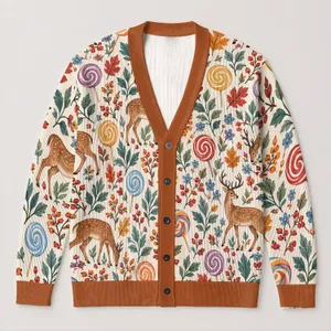 Whimsical Deer And Lollipop Autumn Motifs For Cozy Fall Outings And Everyday Wear All-over Print Knitted Cardigan