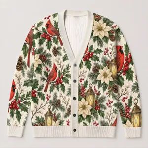 Winter Cardinal Holly Berries And Poinsettias For Festive Family Gatherings And Women All-over Print Knitted Cardigan