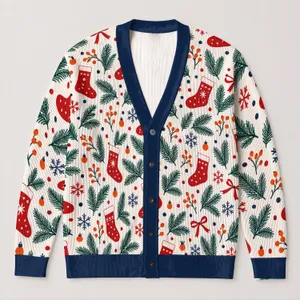 Holiday Stockings and Evergreen Sprigs for Cozy Winter Gatherings, Festive Family Style All-over Print Knitted Cardigan