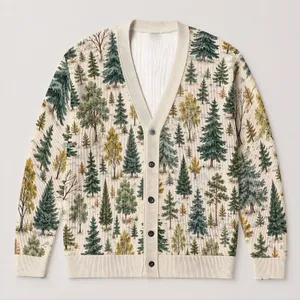 Watercolor Forest Trees For Cozy Woodland Layering, Nature Lovers And Rustic Cabin Days All-over Print Knitted Cardigan
