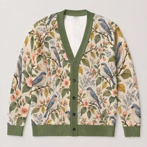Blue Birds And Peach Blossoms For Spring Layering And Garden Days, Women’s Casual Style All-over Print Knitted Cardigan
