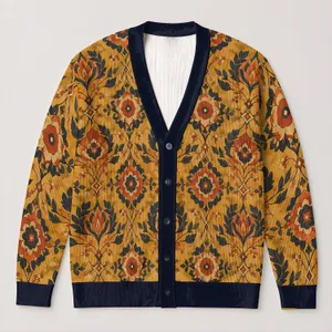 Golden Art Deco Floral Motifs for Autumn Layering, Vintage Boho Style for Women, Everyday All-over Print Knitted Cardigan