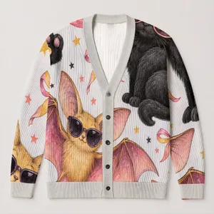 Cute Black Cat Bat Moon Bow Halloween Outfit for Women, Plus Size Gothic Fall Style All-over Print Knitted Cardigan