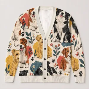 Black White Red Dog Lover Style For Cozy Spring Layering Everyday Casual Weekend Outfits All-over Print Knitted Cardigan