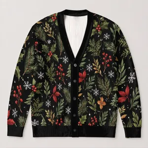 Winter Botanical Holly Sprig Motifs for Cozy Autumn Holiday Layering, Women’s Gift All-over Print Knitted Cardigan