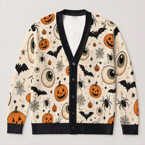 Pumpkin Eyeballs and Bats for Halloween Gatherings and Cozy Autumn Layering Women All-over Print Knitted Cardigan