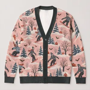 Pink Skeleton Skaters And Pumpkins For Halloween Gatherings, Women’s Festive Style All-over Print Knitted Cardigan