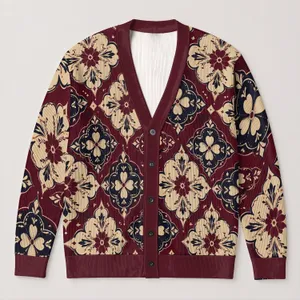 Burgundy Cream Medallion Florals for Cozy Fall Layering, Women's Plus Size Style All-over Print Knitted Cardigan
