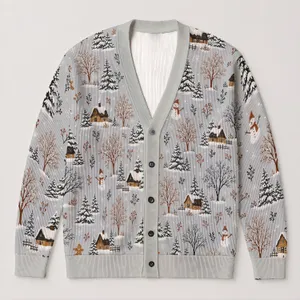 Snowy Cabin Forest with Bare Trees for Cozy Holiday Layering Women's Winter Style All-over Print Knitted Cardigan