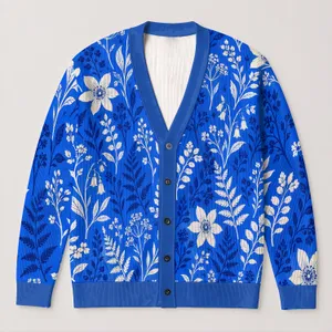 Royal Blue Botanical Leaves for Office Style and Autumn Layering, Women’s Gift Idea All-over Print Knitted Cardigan