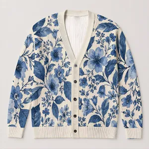 Elegant Blue Botanical Blooms for Resort Evenings and Casual Weekend Layering for Women All-over Print Knitted Cardigan