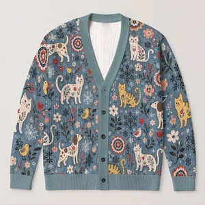 Cute Cat And Dog Motifs For Cozy Everyday Layering, Women's Casual Animal Lover Style All-over Print Knitted Cardigan