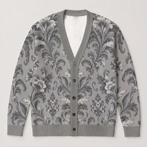 Monochrome Floral Damask Motifs for Elegant Autumn Layering and Everyday Women's Wear All-over Print Knitted Cardigan