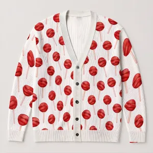 Red Lollipop Motifs for Sweet Everyday Layering and Party Outings, All-Season Style All-over Print Knitted Cardigan