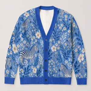 Blue Zebra and Floral Motifs for Casual Weekend Style, Women’s Everyday Layering All-over Print Knitted Cardigan