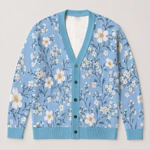 White Wildflower Blossoms on Soft Blue for Everyday Layering, Casual Feminine Style All-over Print Knitted Cardigan