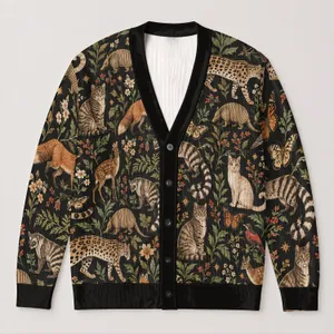Vintage Wild Cat Menagerie for Autumn Layering, Nature Lovers, and Everyday Style All-over Print Knitted Cardigan