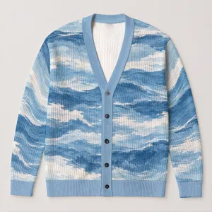 Blue White Ocean Waves and Clouds for Relaxed Layering and Casual Winter Style Women All-over Print Knitted Cardigan